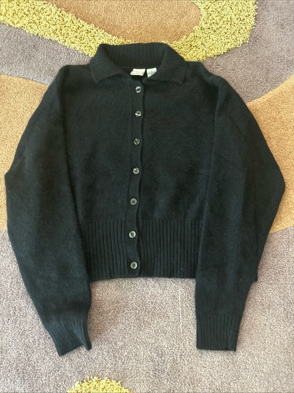 Black Women's Button-Front Collared Cardigan Sweater Lambwool Angora XL relaxed
